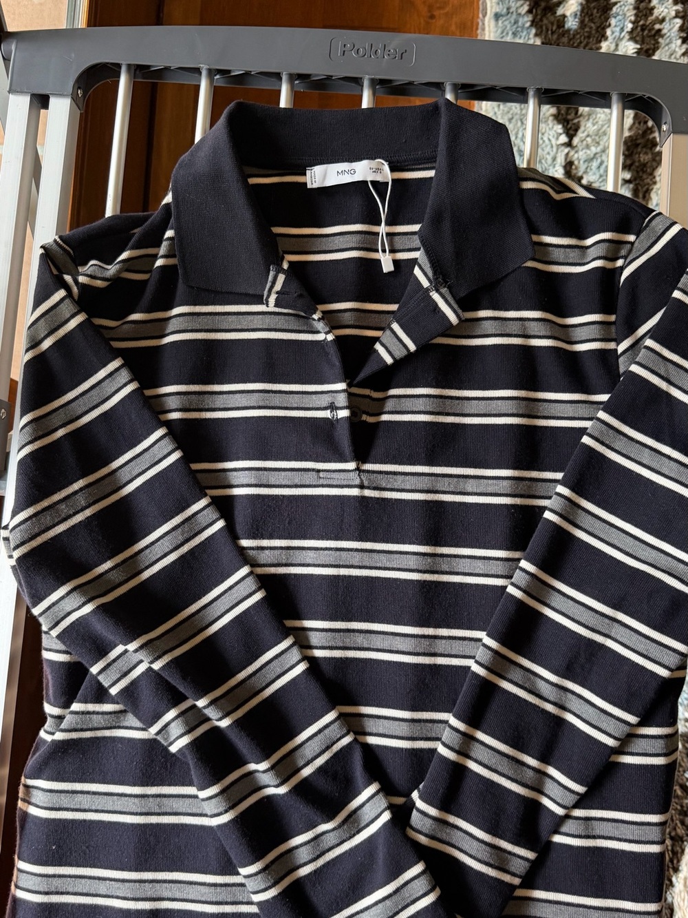 Mango navy and white and gray Striped Polo-Style Sweater